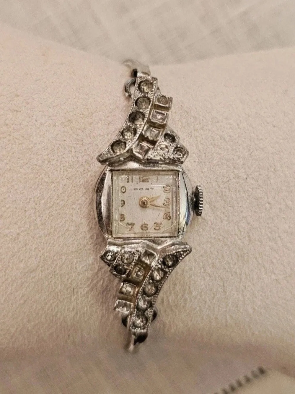 Vintage 40s Cort Art Deco Watch Rhinestone Silver Metal Band Mechanical Mvt Runs